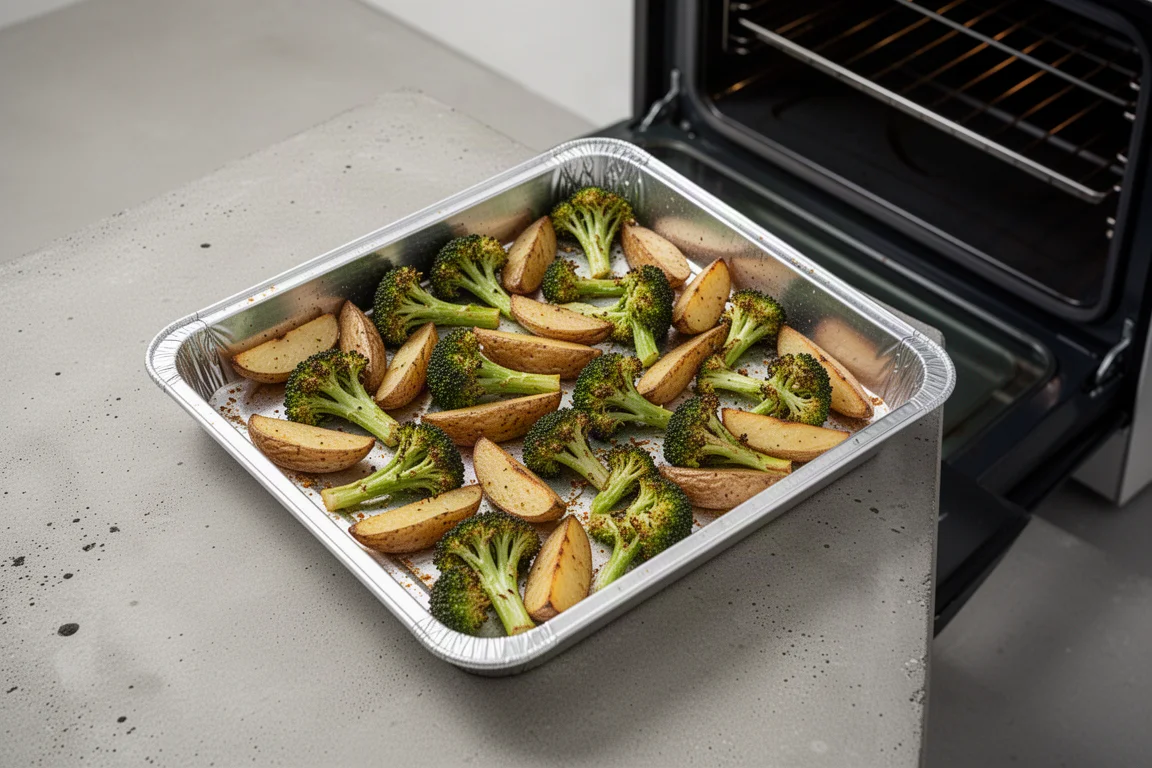 Rimmed baking sheet with roasted vegetables fresh from the oven