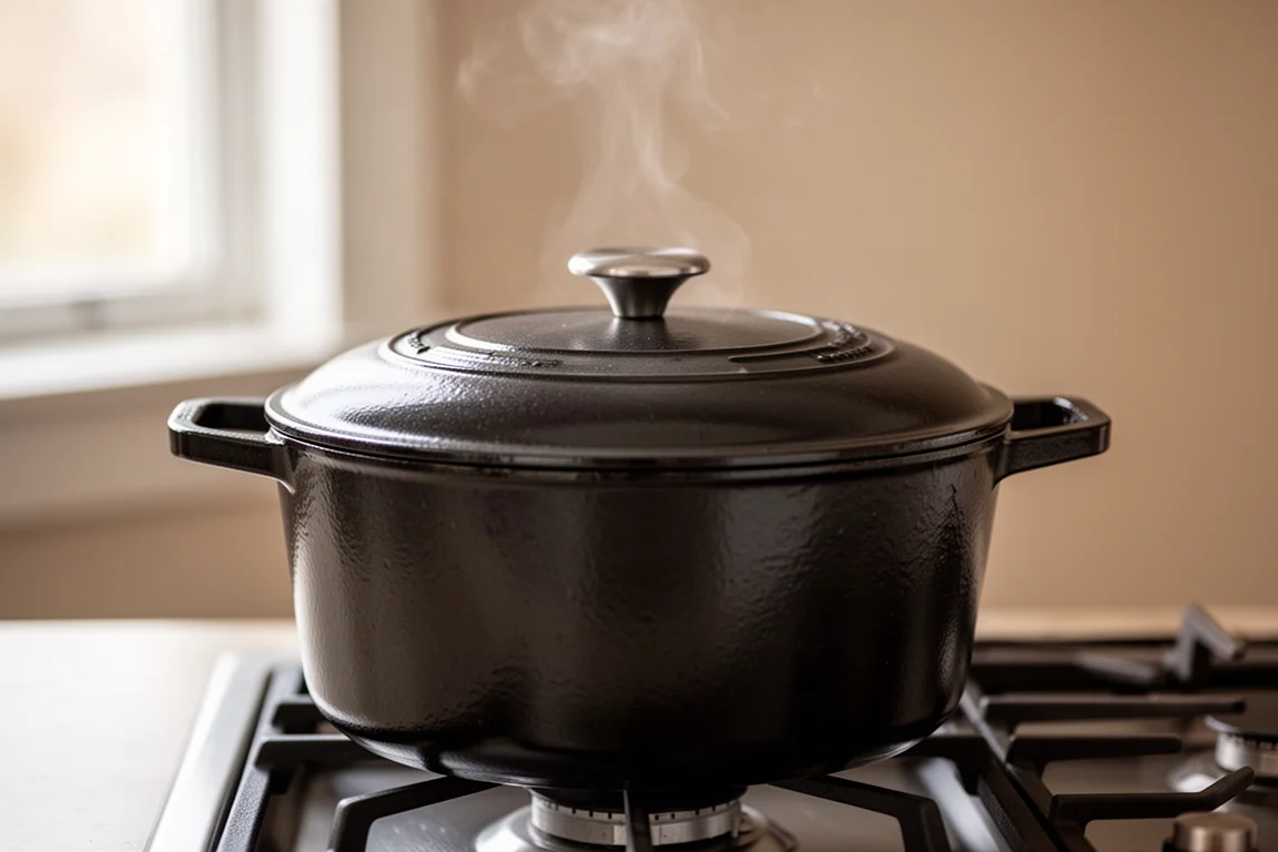 Enamel-coated Dutch oven with lid on a stovetop releasing gentle steam
