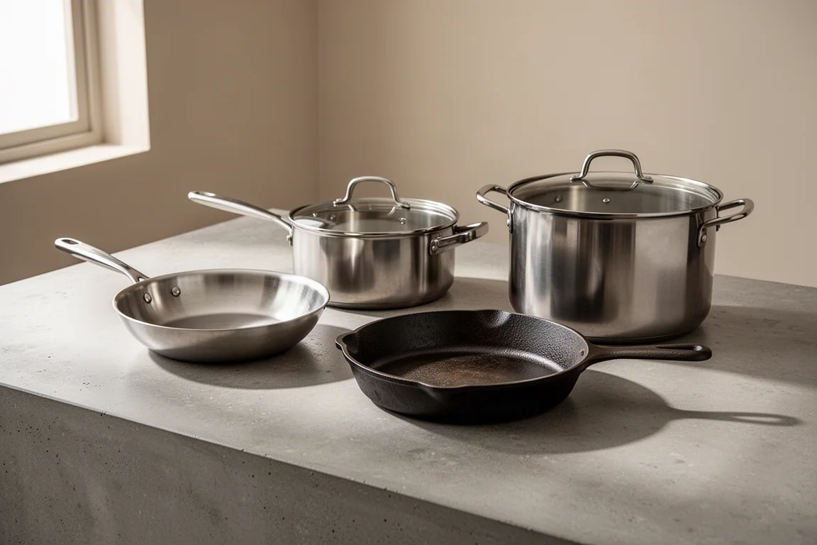 Collection of essential cookware including stainless steel pan, saute pan, cast iron skillet and stock pot on a counter