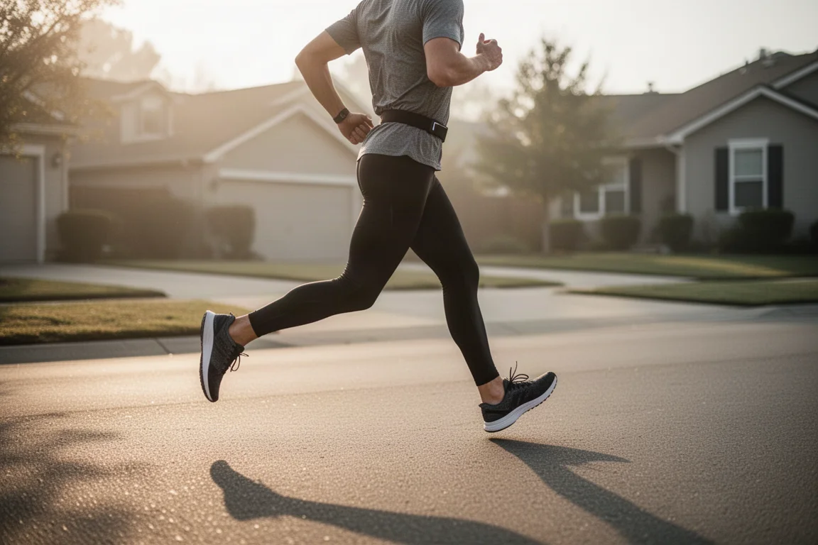 Runner on an early morning road run with a slim waist belt carrying a phone