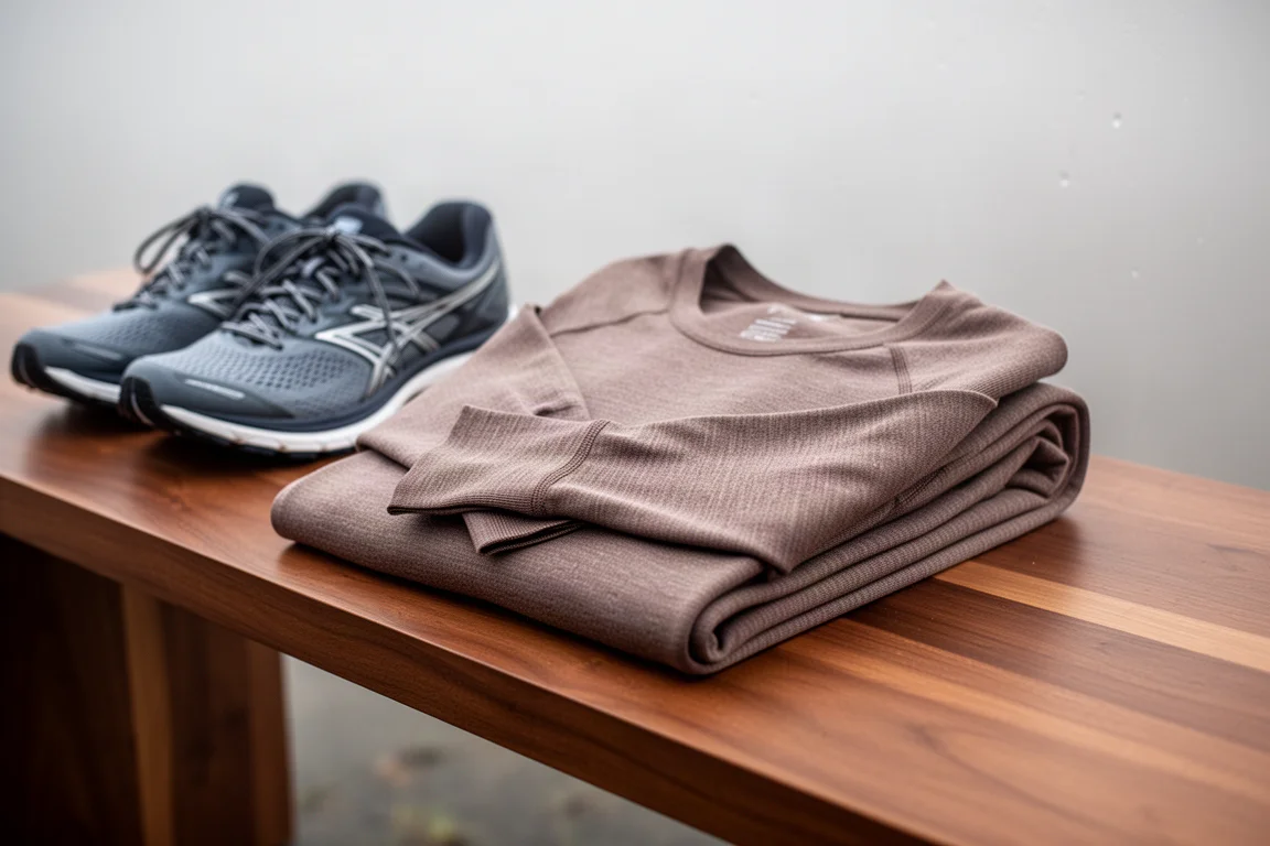 Long sleeve merino base layer laid out on a wooden bench beside running shoes
