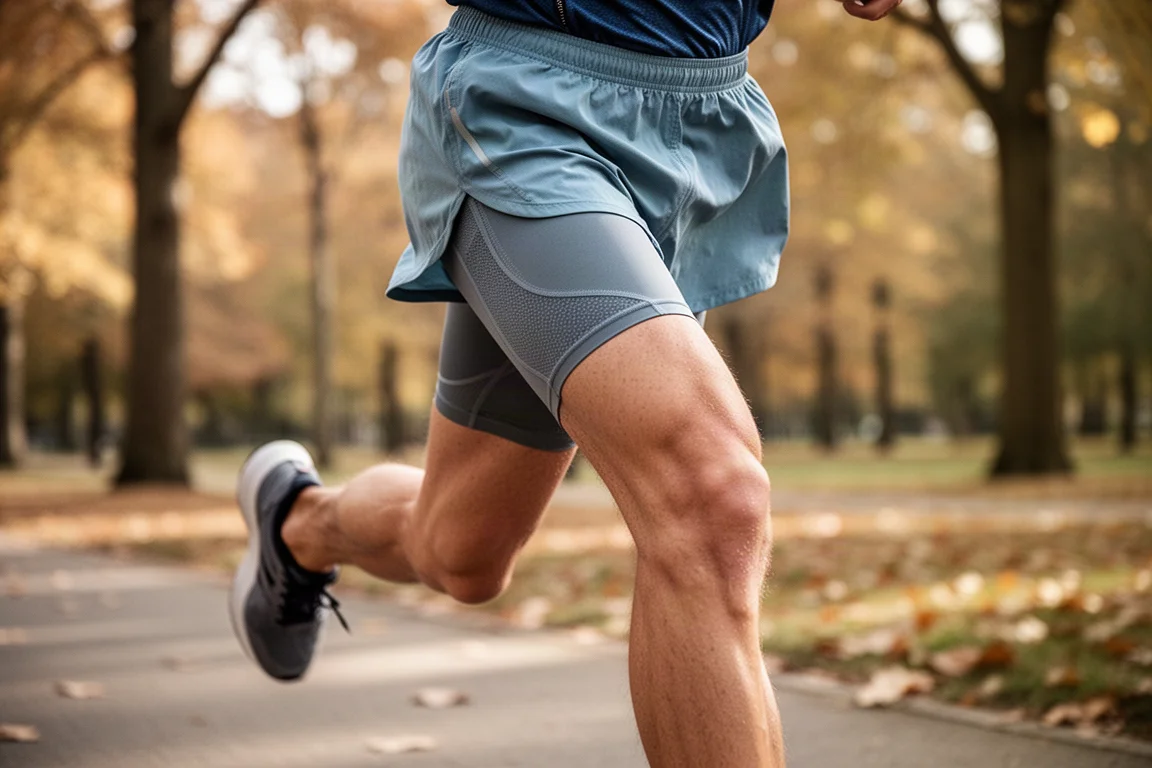 Close-up of a runner's legs mid-stride wearing lightweight running shorts