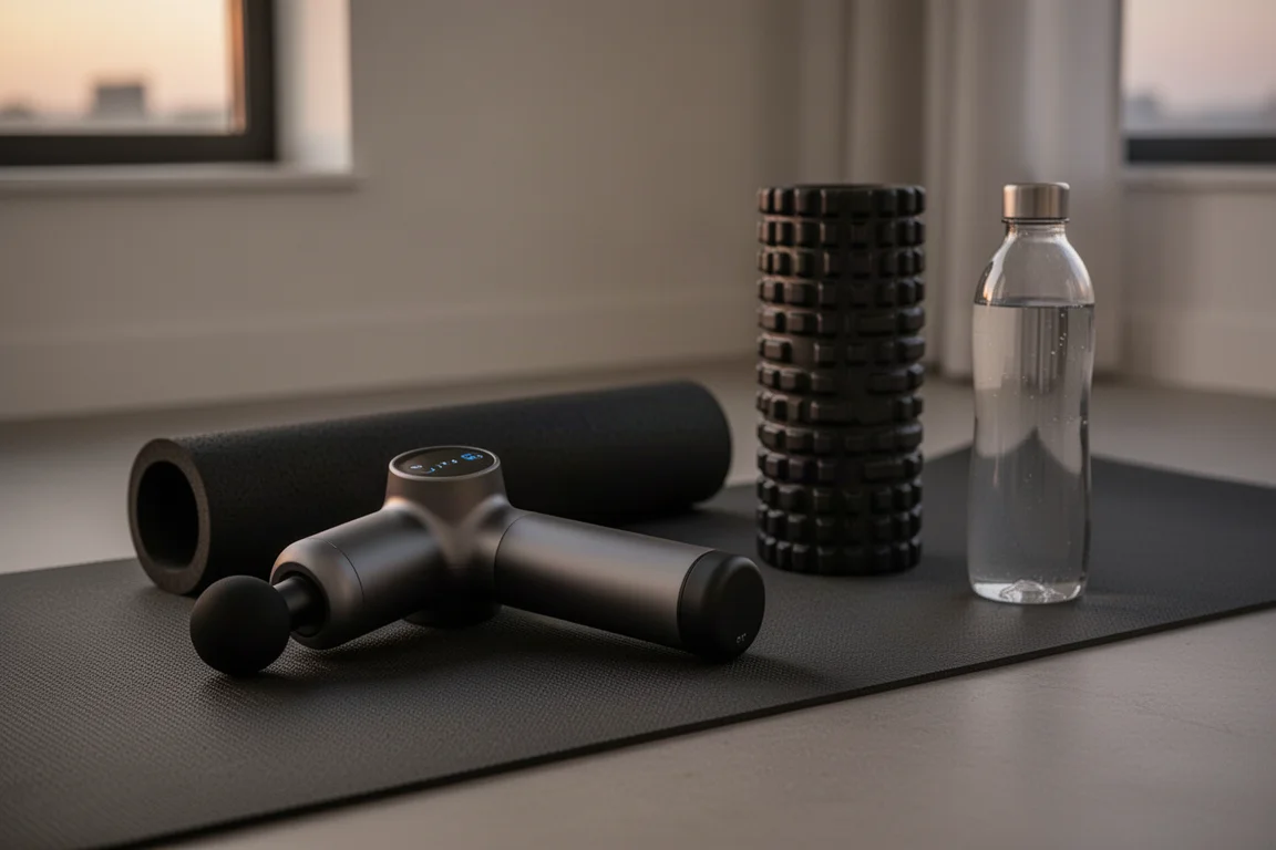 Percussive massage device resting on a mat next to a foam roller after a run