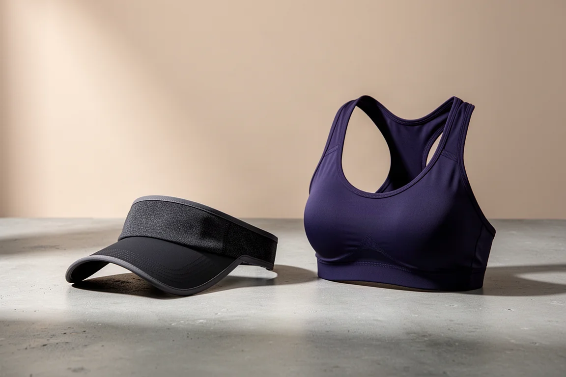 Running visor and supportive run bra arranged side by side on concrete