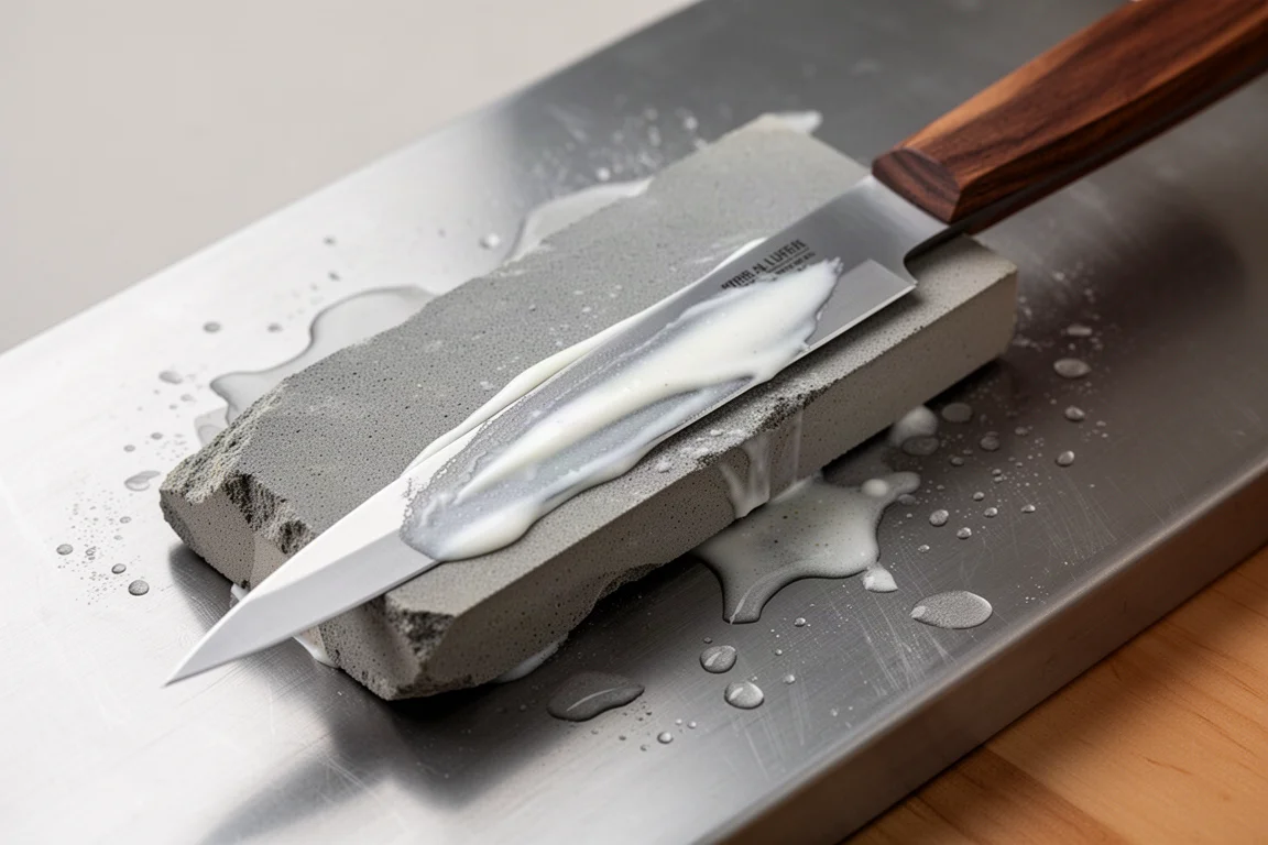 A kitchen knife bevel being polished on a stone with light slurry