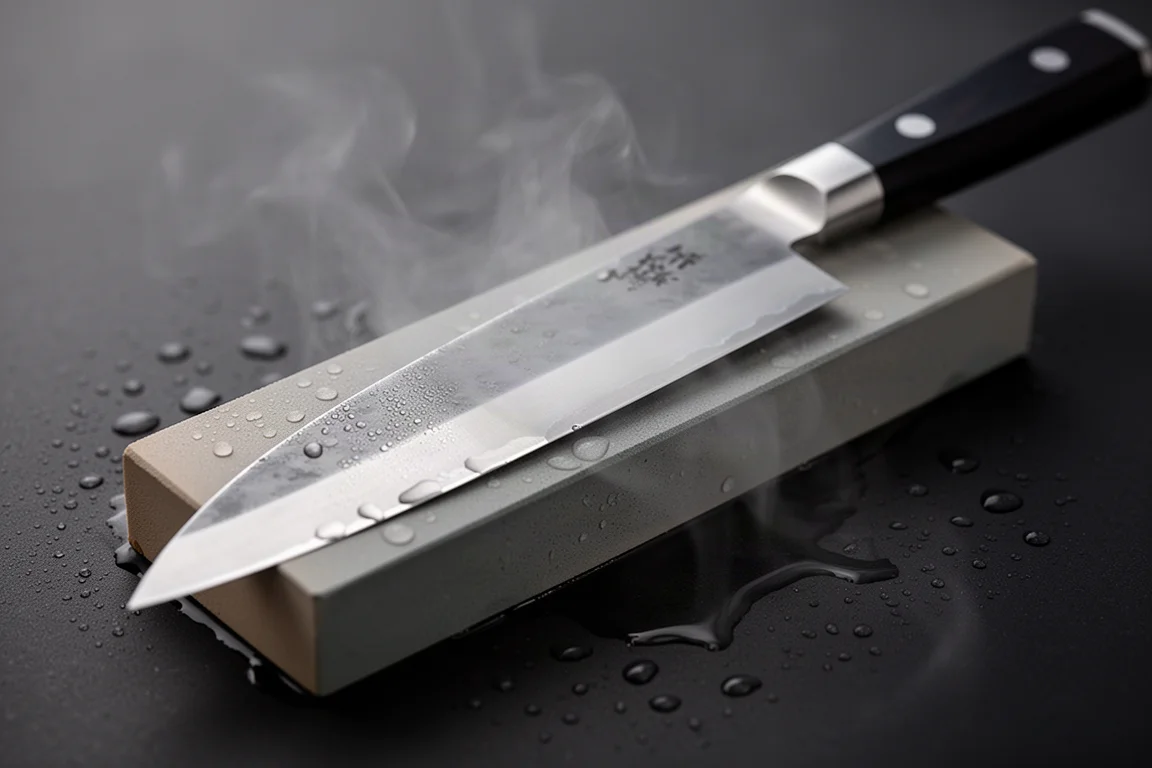 Finished Japanese knife with a soft kasumi finish on a stone