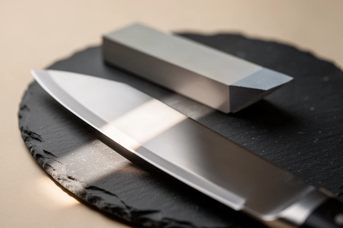 Ultra-fine stone reflecting light off a polished knife bevel