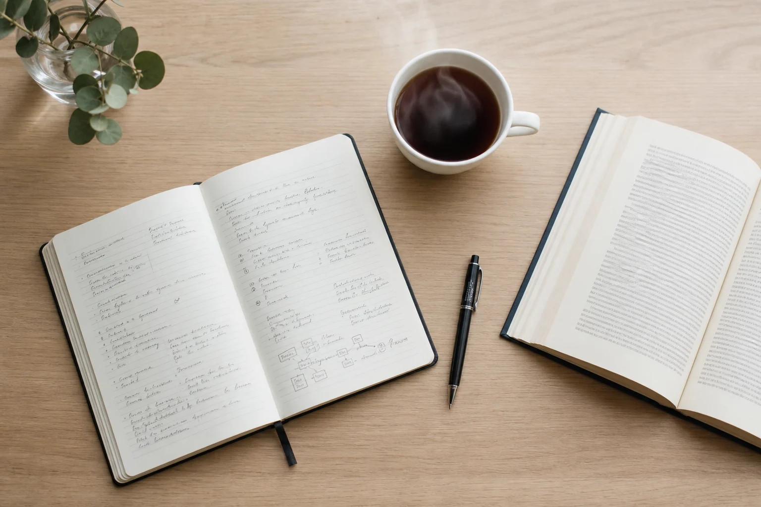 Training notebook with pen, tea cup, and reading materials on desk