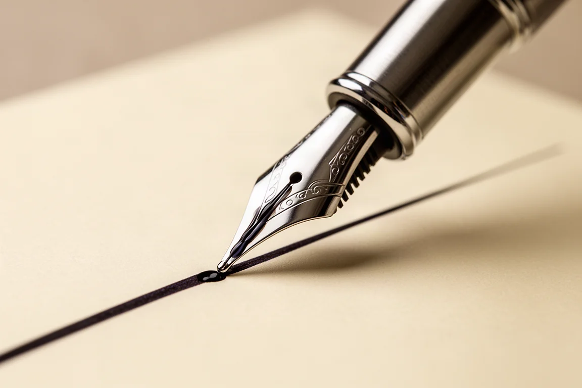 Nib pióra wiecznego dotykający papieru w trakcie pisania, pozostawiający ciemnooliwkową linię atramentu