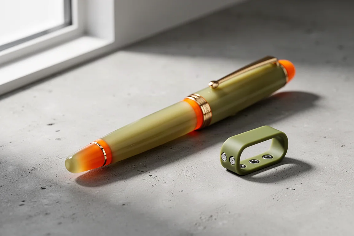 Olive green resin fountain pen with orange accents and gold trim beside a magnetic pen loop