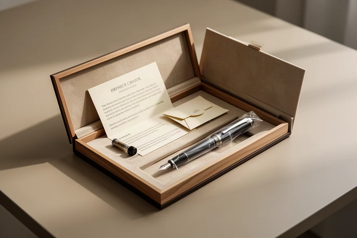 Caja de presentación personalizada que se desliza para revelar una estilográfica y su documentación