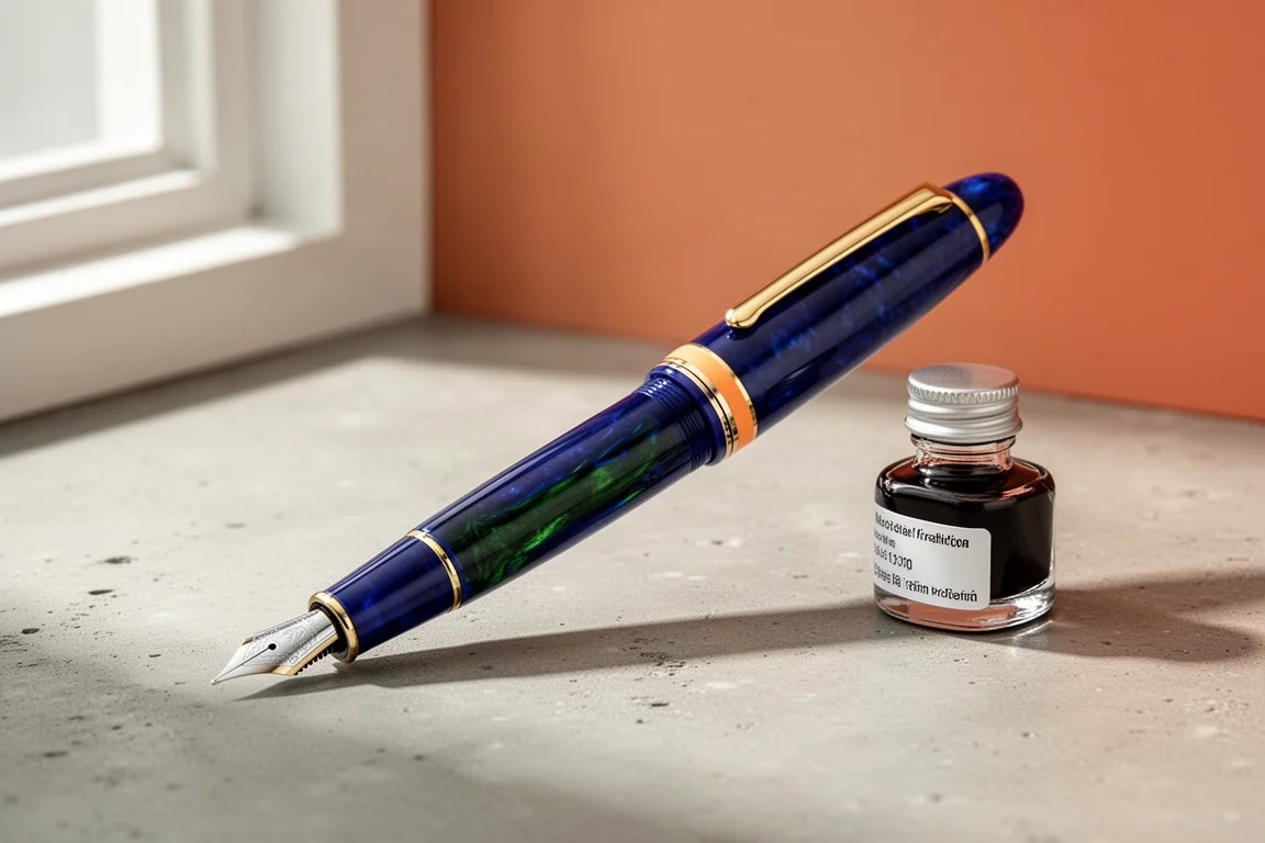 Penna stilografica Esterbrook blu profondo con finiture oro accanto a una piccola boccetta di inchiostro