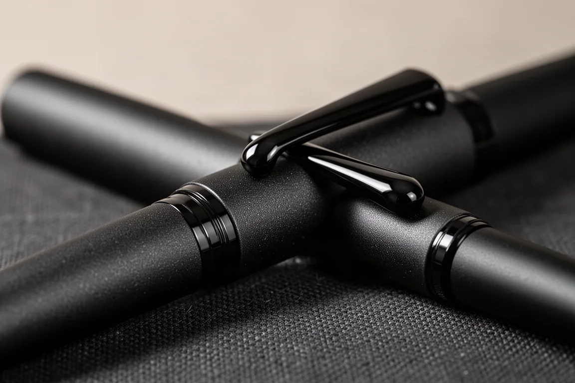 Matte black fountain pen cap with glossy black clip resting on dark slate
