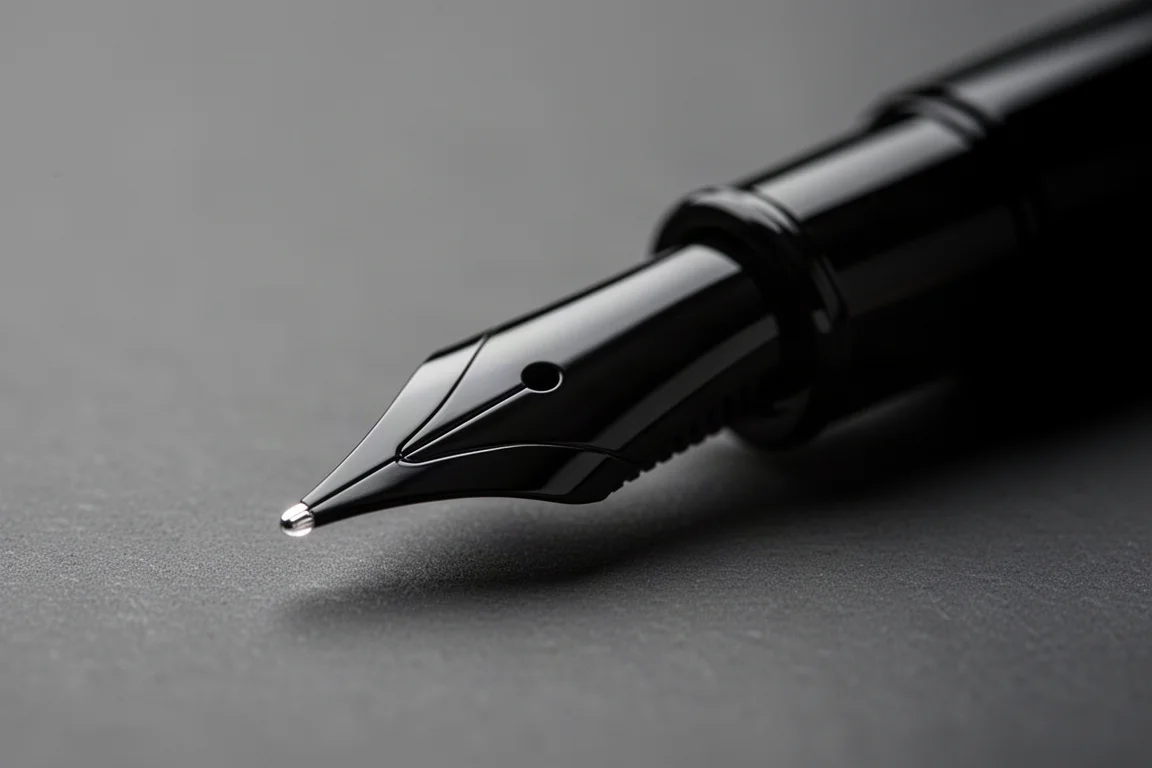 Black fountain pen nib close-up catching light on a dark surface