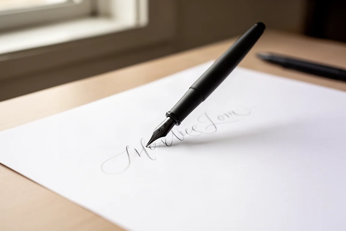 Fountain pen writing thin faint lines on white paper