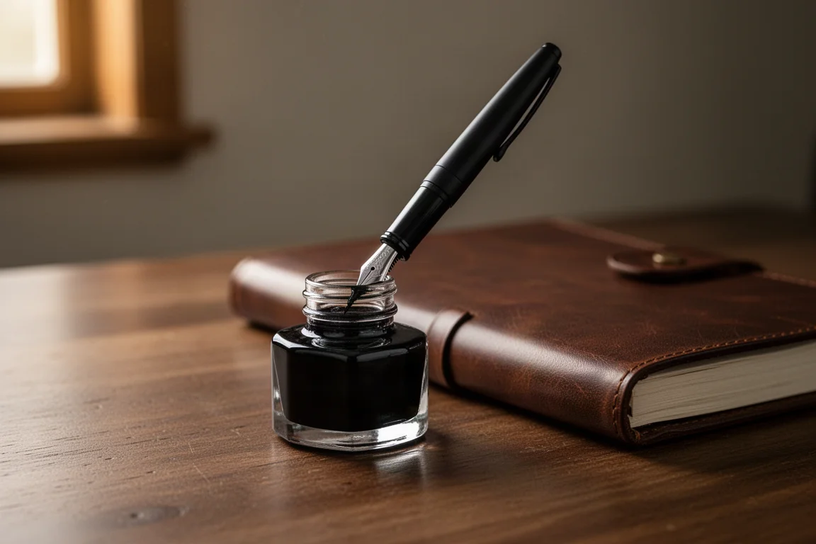 Filling a fountain pen converter from a bottle of black ink