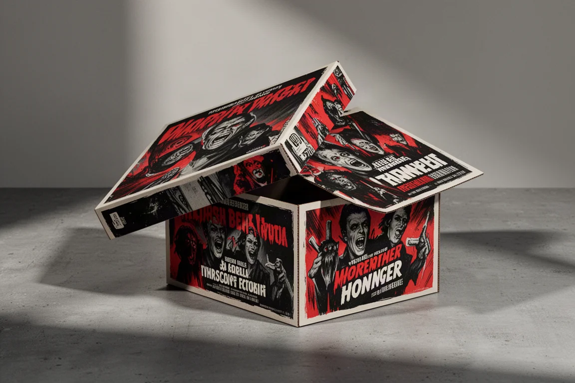 Thematisch gestaltete Verpackungsschachtel mit Zitaten im Stil eines Horrorfilm-Posters neben dem Füllfederhalter