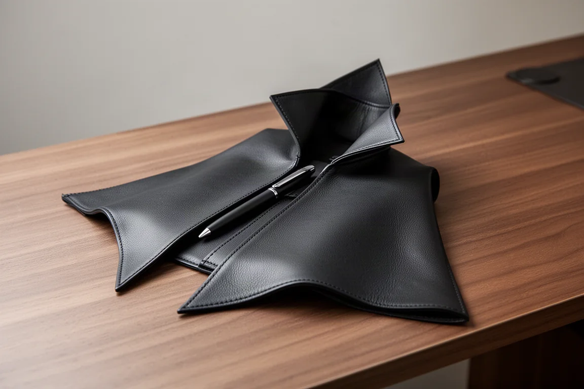 Schwarzes Kunstleder-Etui in Form eines wehenden Vampirmantels, teilweise geöffnet