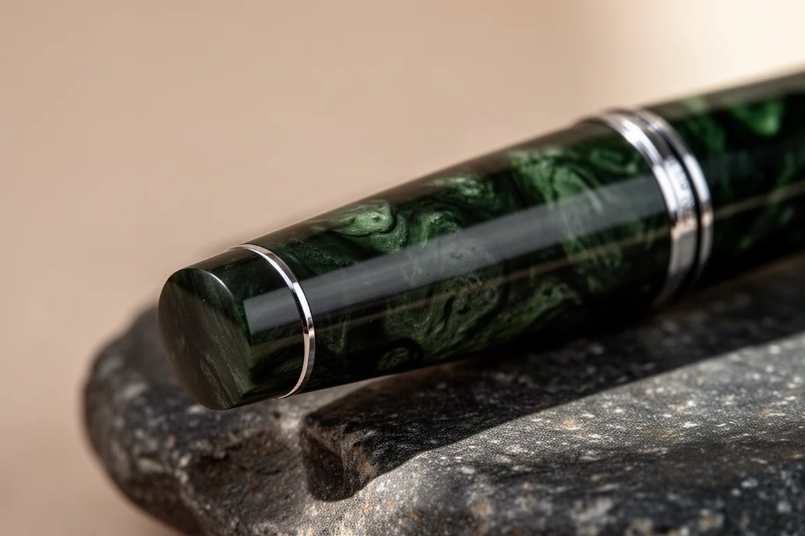 鋼筆筆帽螺紋與筆桿尾端的近距離細節,展現硫化硬橡膠材質紋理