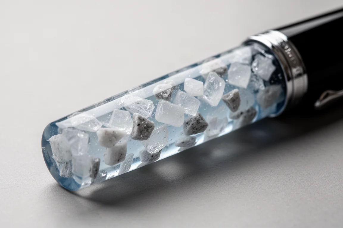 Tapa de pluma estilográfica de resina tipo hielo troceado con patrón de fragmentos azules y blancos