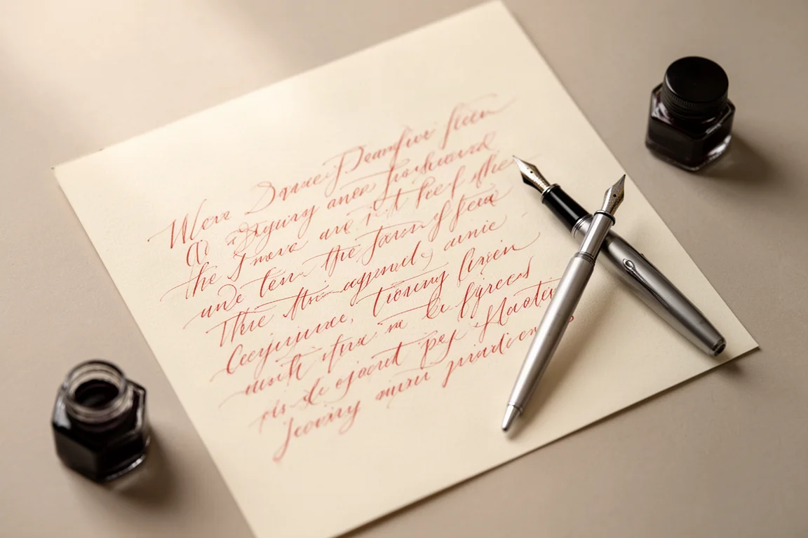 Página de muestra de escritura con trazos de tinta roja para pluma estilográfica
