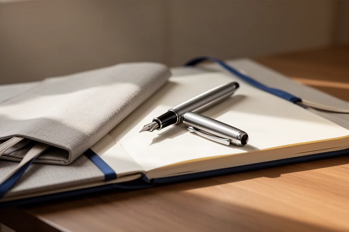 Pluma estilográfica de bolsillo apoyada sobre un cuaderno lista para escribir