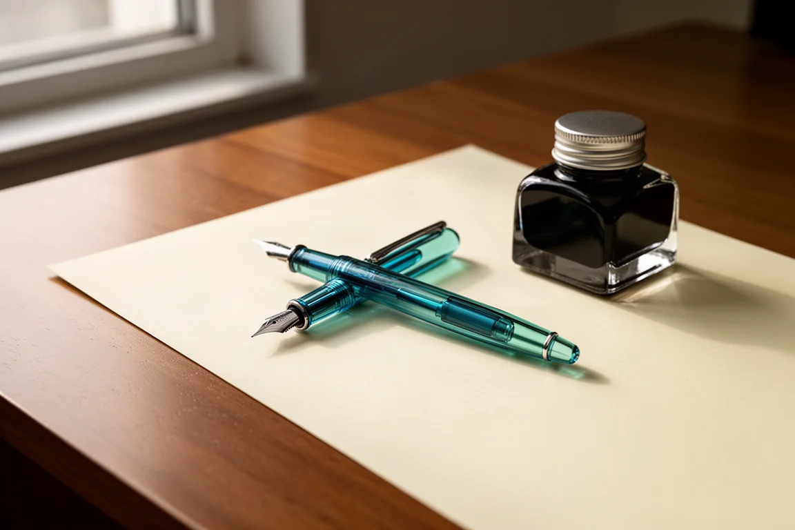 Penna stilografica in acrilico blu-verde scoperta su una scrivania in legno