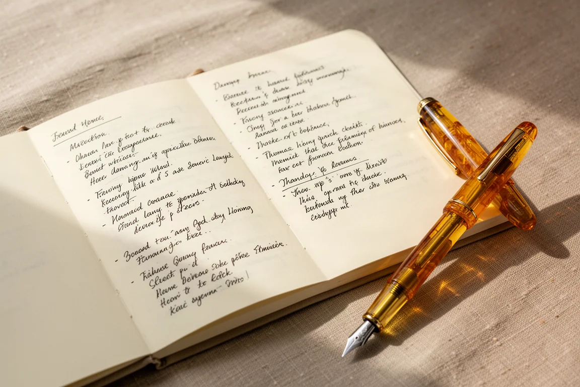 Offenes Journal mit handschriftlichen Notizen und einem glänzenden Füllfederhalter daneben