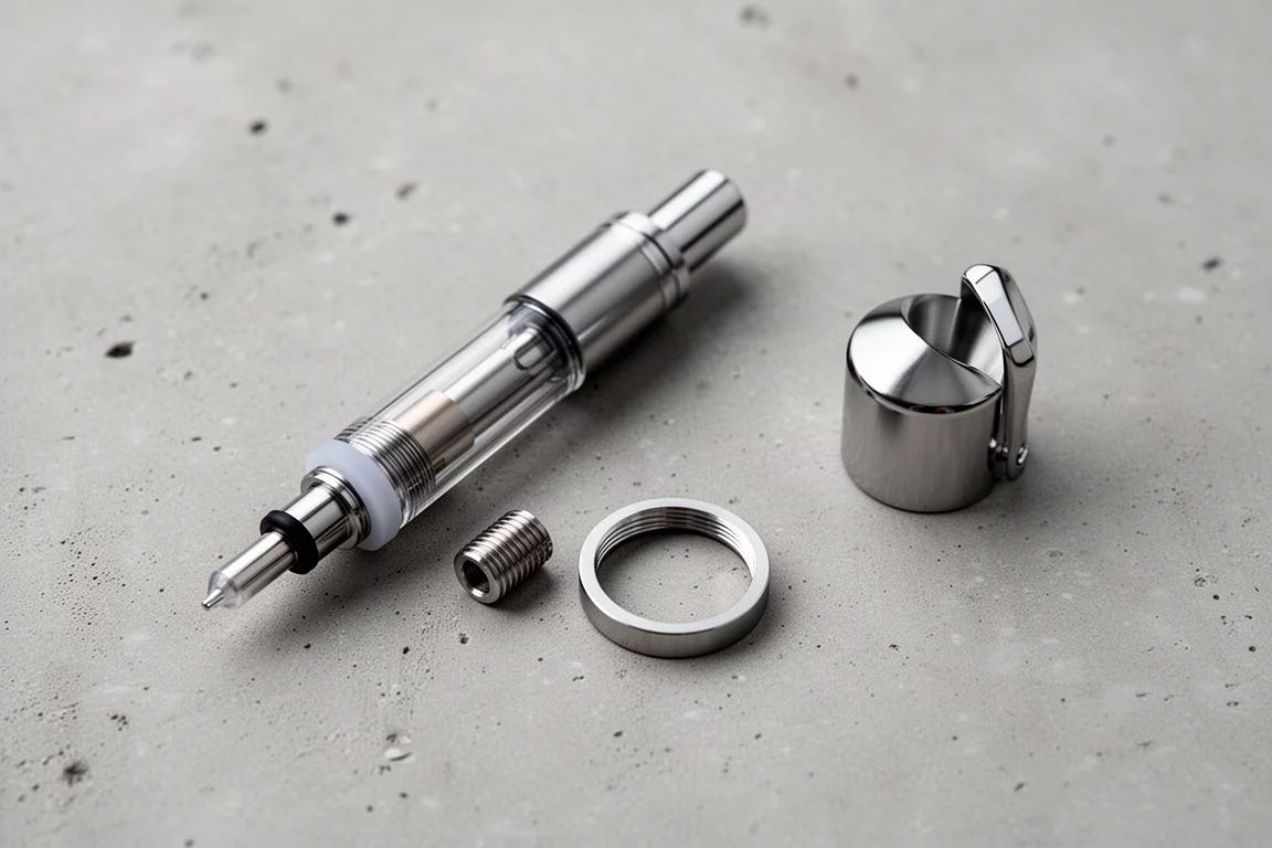 Zerlegter Konverter und präzise gefertigte Metallteile eines Füllsystems auf einem Schreibtisch