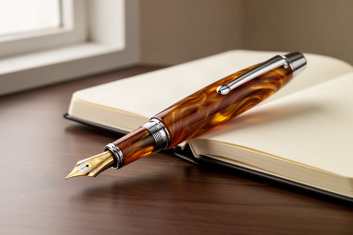 Glossy honey-toned fountain pen with gold nib resting on a walnut desk beside a notebook
