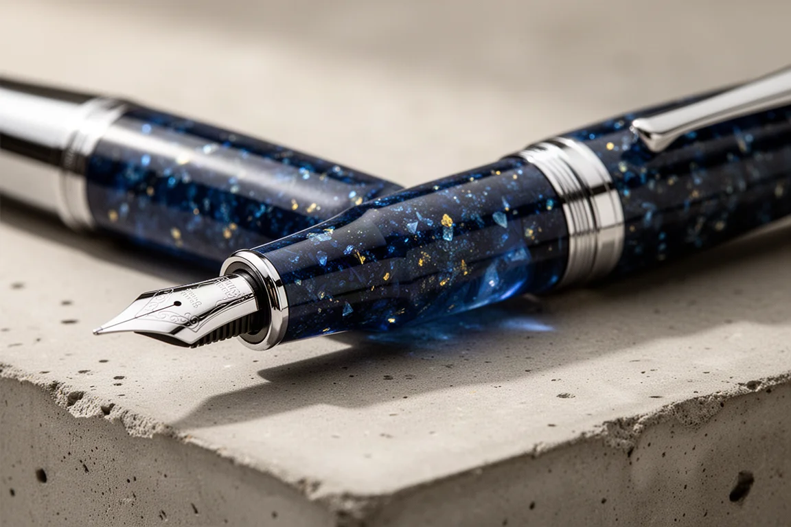 Oversize blue fountain pen barrel with shimmering blue and gold flecks on a desk