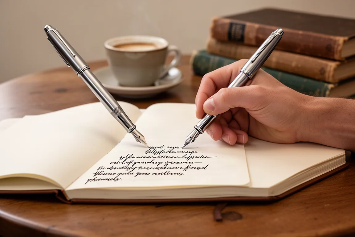 Writer's hand with a fountain pen journaling in an open notebook
