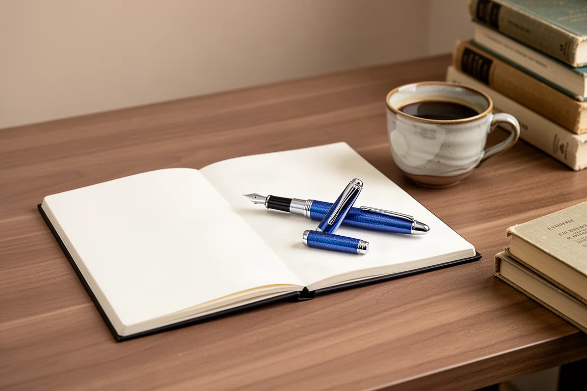Open notebook and fountain pen on a desk beside a coffee cup and books