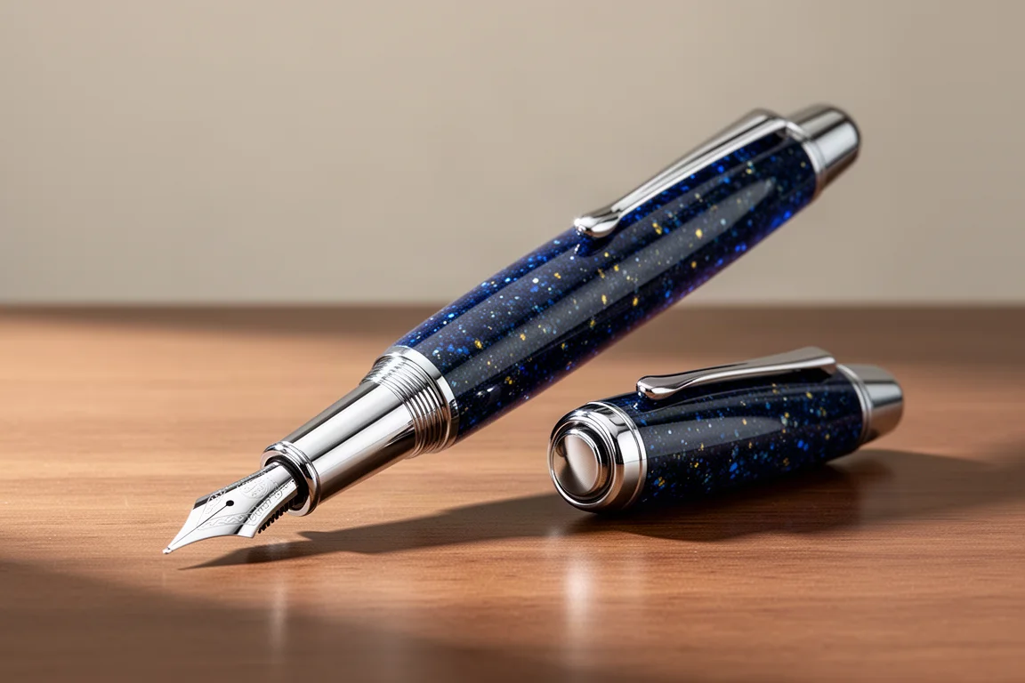 Oversize blue fountain pen with chrome trim and cap on a wooden desk