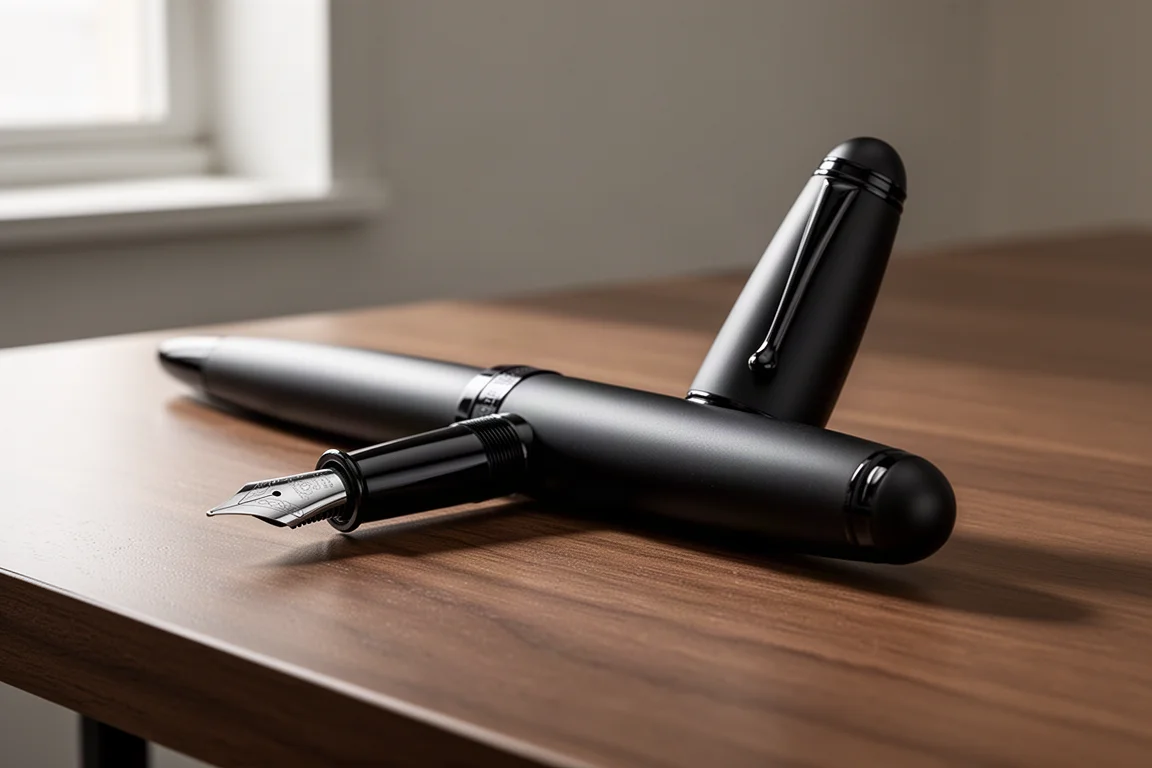 Matte black oversized fountain pen with glossy accents on a wood desk