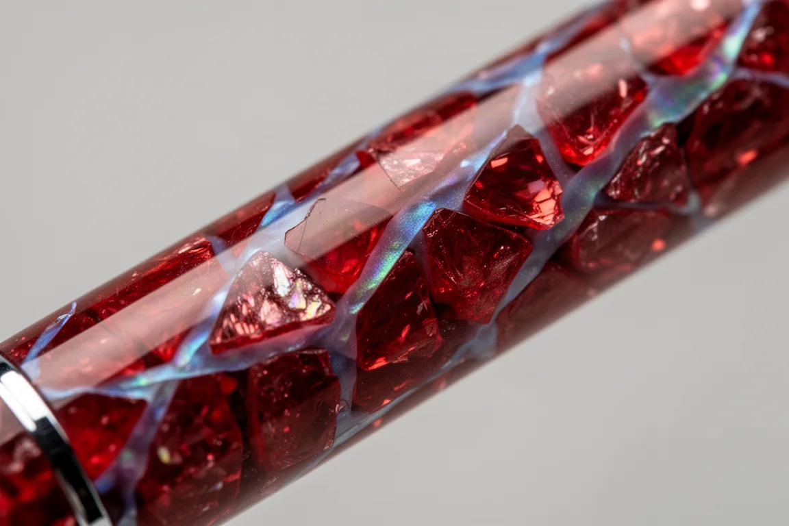 Primer plano de acrílico rojo crushed con vetas azules que recorren las secciones rojas