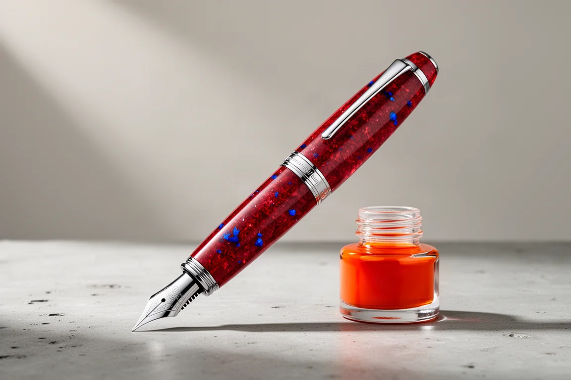Esterbrook SD Scarlet Oversize fountain pen beside a bottle of red ink on concrete