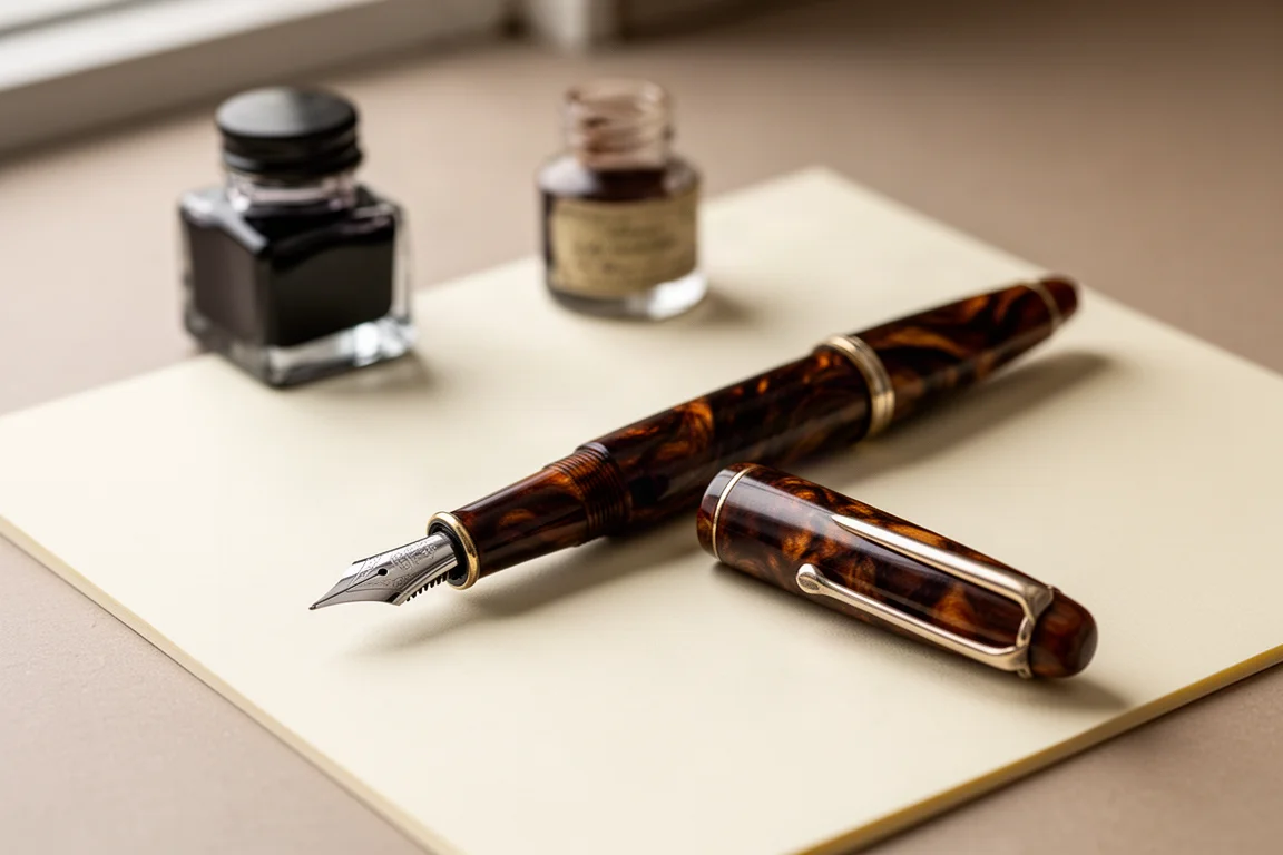 Vintage dark brown fountain pen resting uncapped on a writing desk