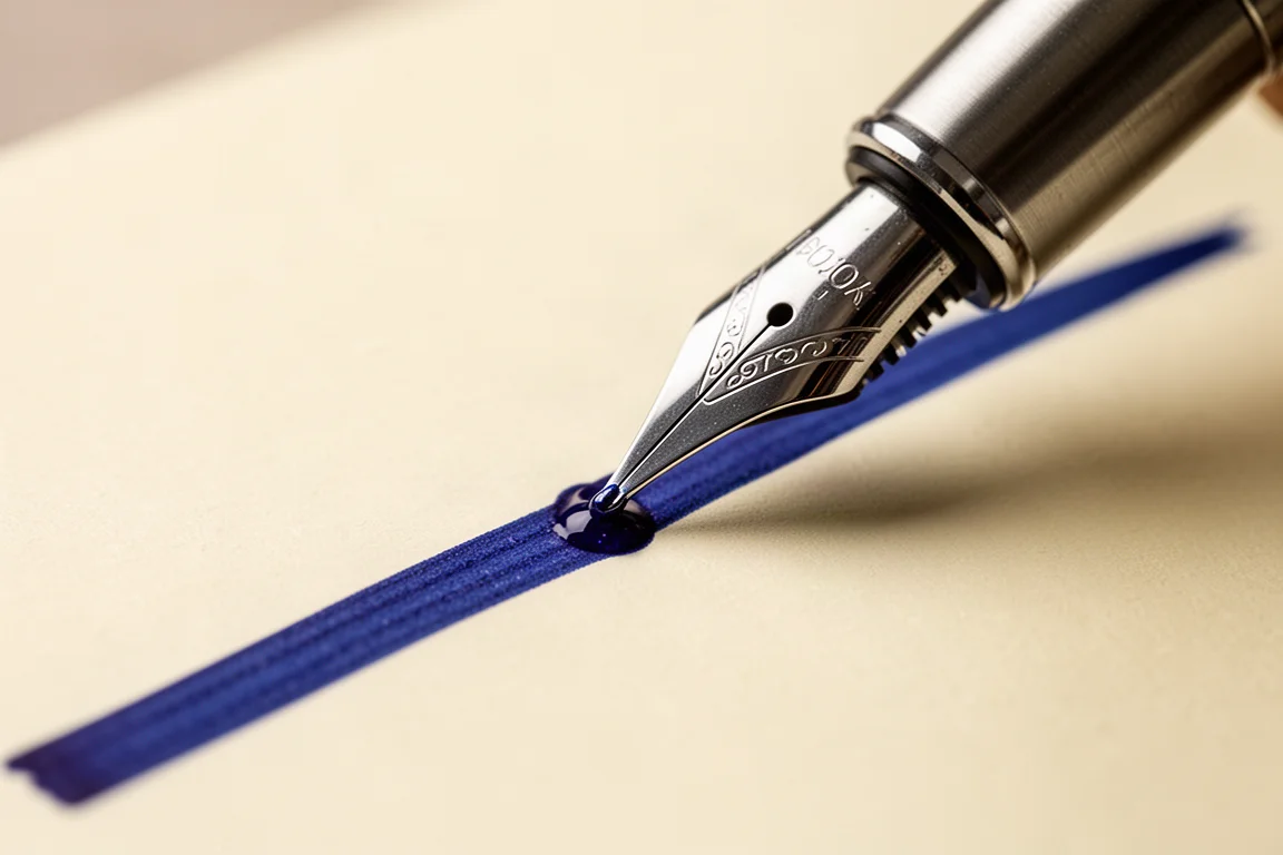 Small fountain pen nib close-up with generous wet ink flow on paper
