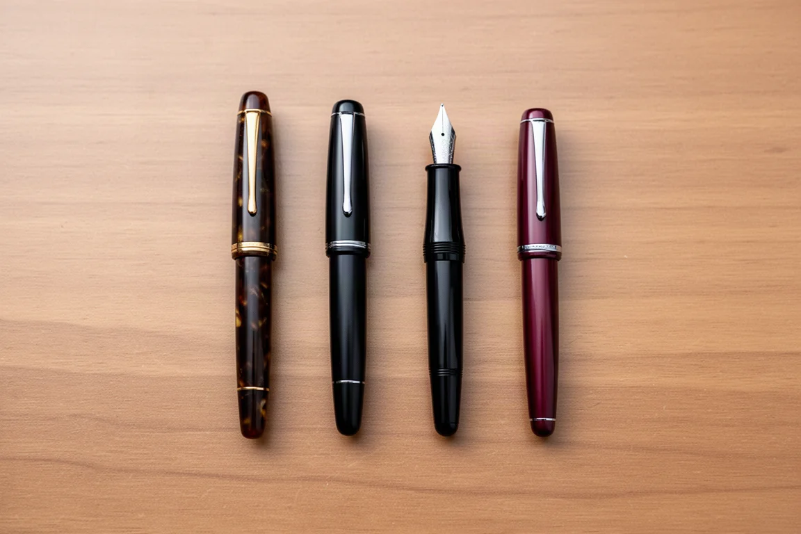 Fountain pen and modern compact pens arranged side by side for size comparison
