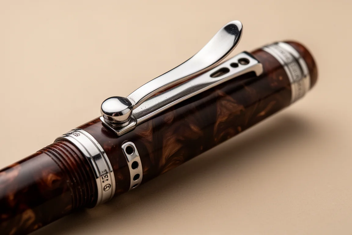 Lever-filler mechanism on a vintage fountain pen barrel with lever raised