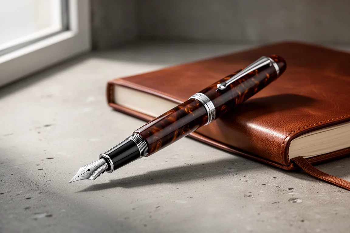 Vintage dark brown 1940s fountain pen on a concrete surface beside a notebook