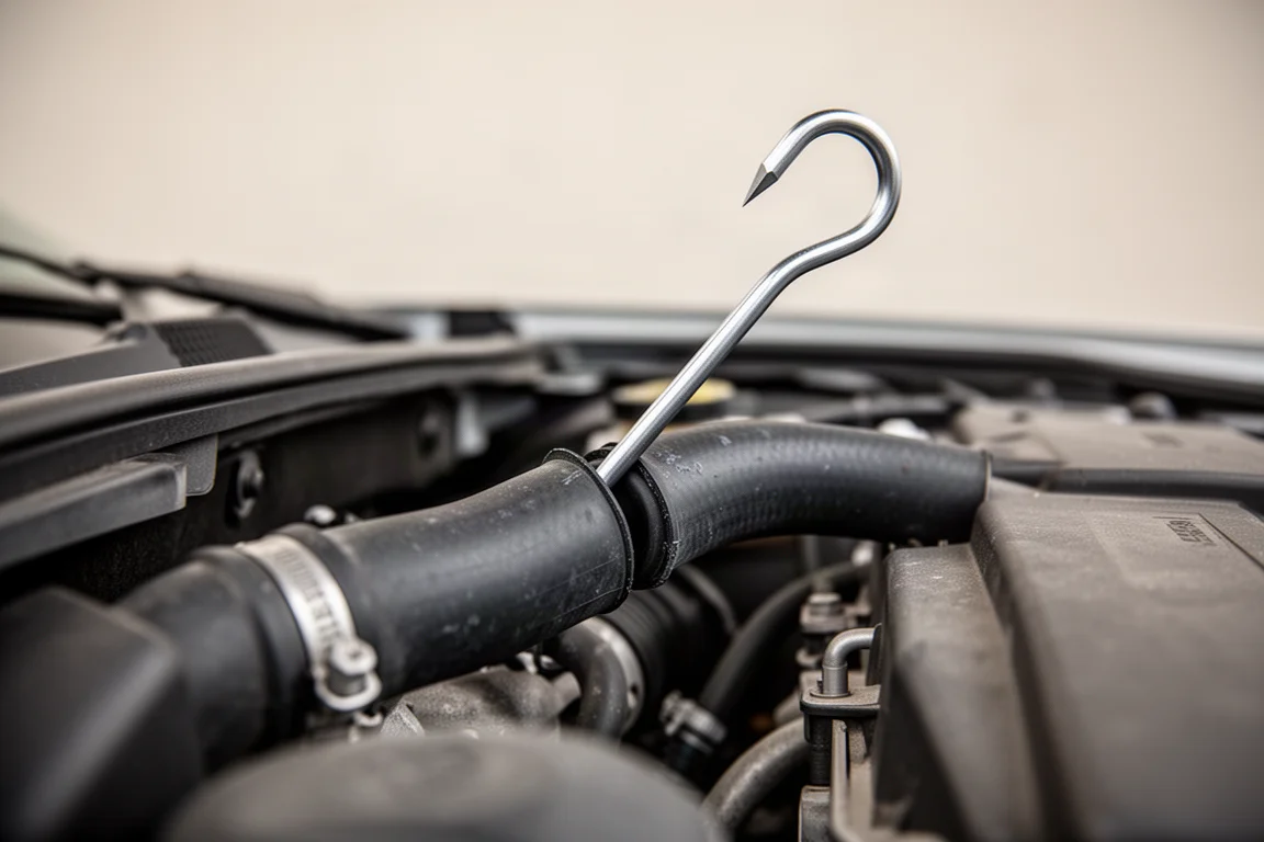 Hakverktyg som når in i en trång motorrumsspringa för att lyfta loss en fast sittande slang