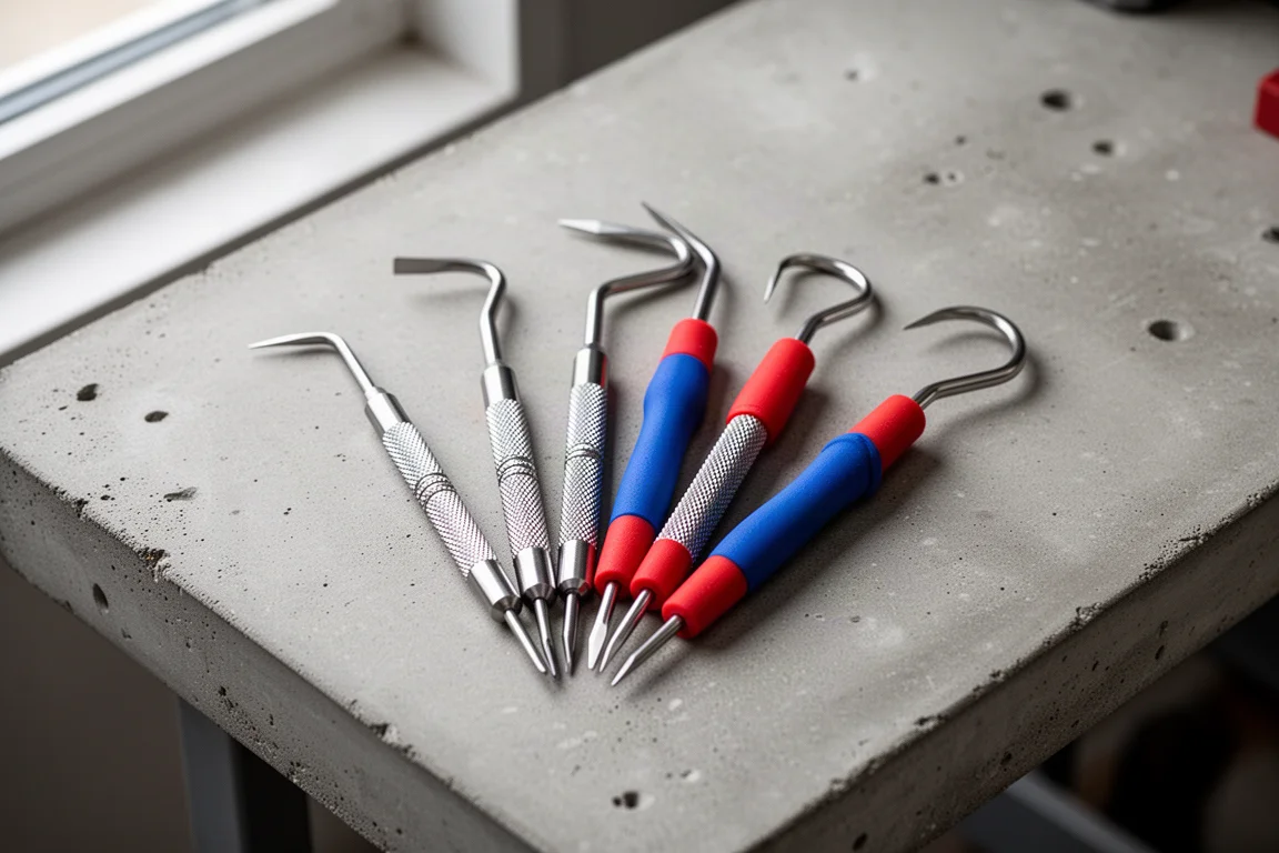 Estwing 4-piece mini pick and hook set with red and blue handles on concrete