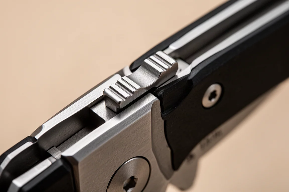Nahaufnahme des Backlock-Mechanismus an der Rückseite eines Taschenmessers