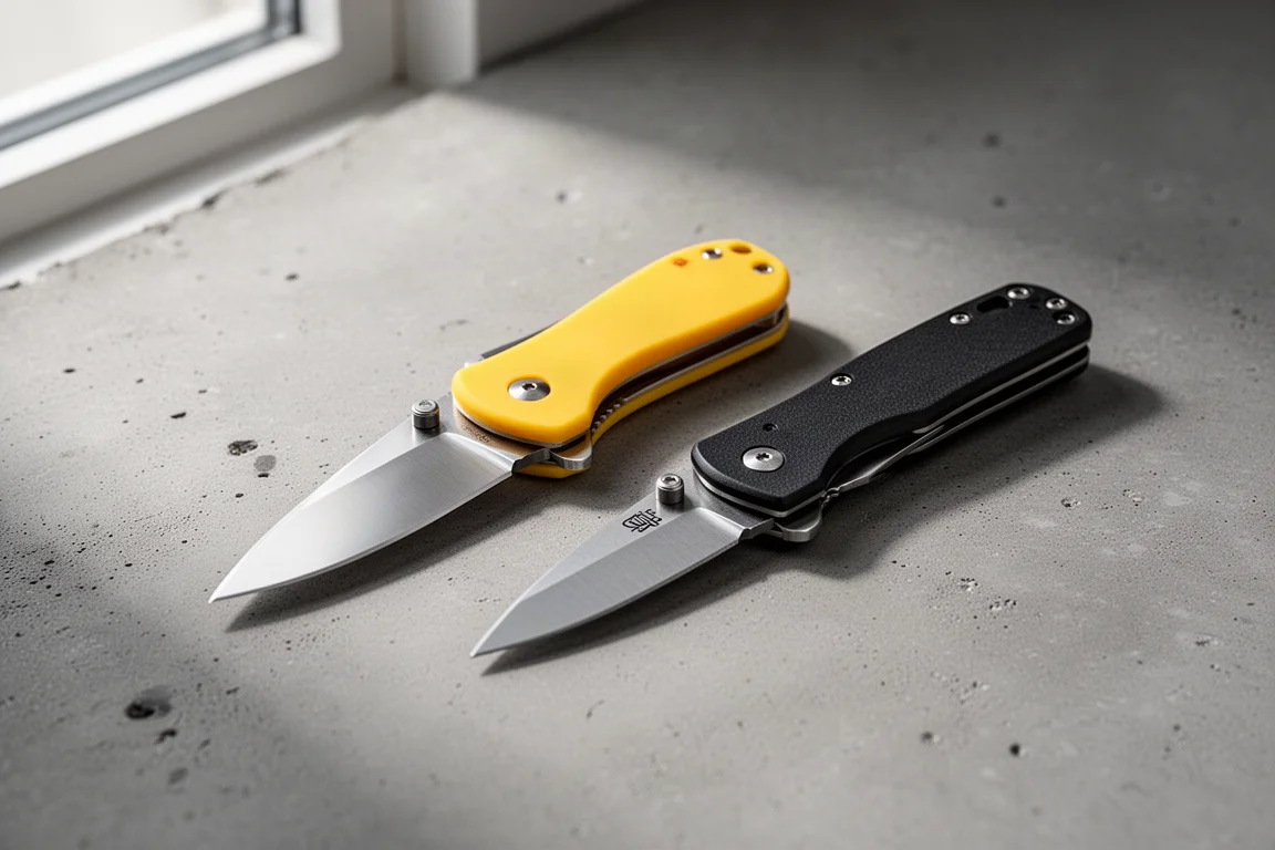 Yellow-handled folding knife and black lockback folding knife on concrete surface