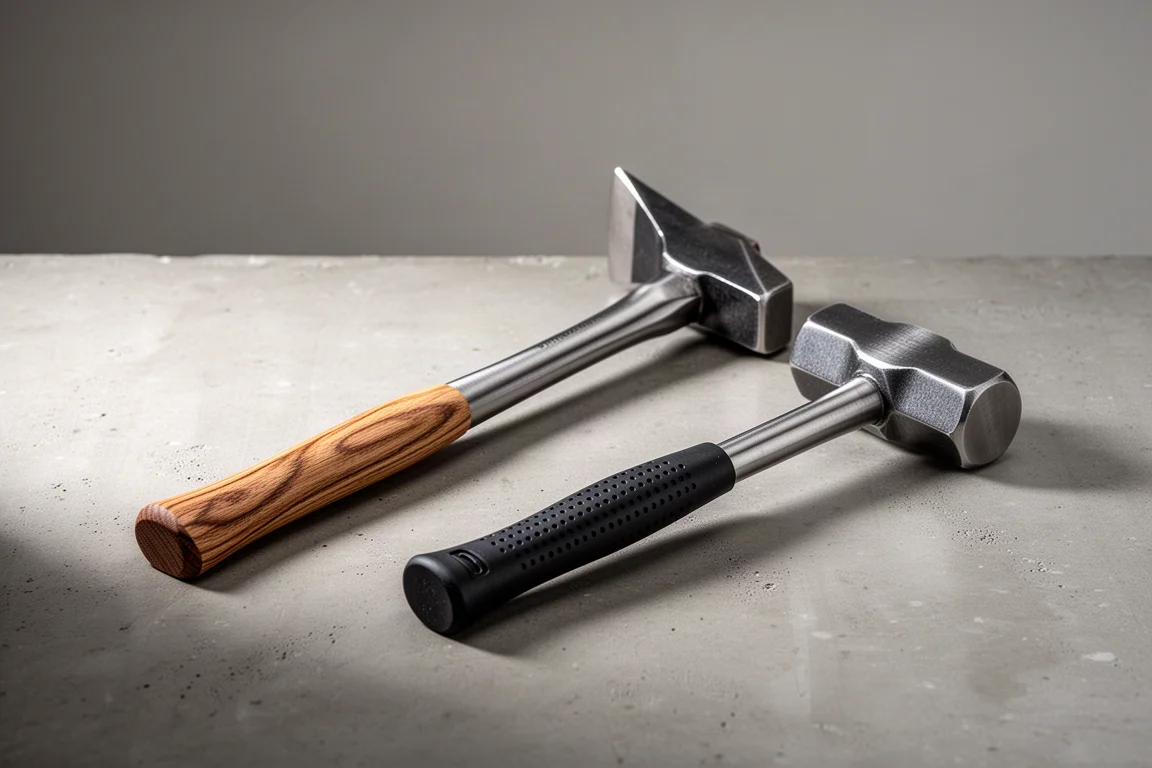 Long-handle drilling hammer and compact heavy hammer side by side on concrete