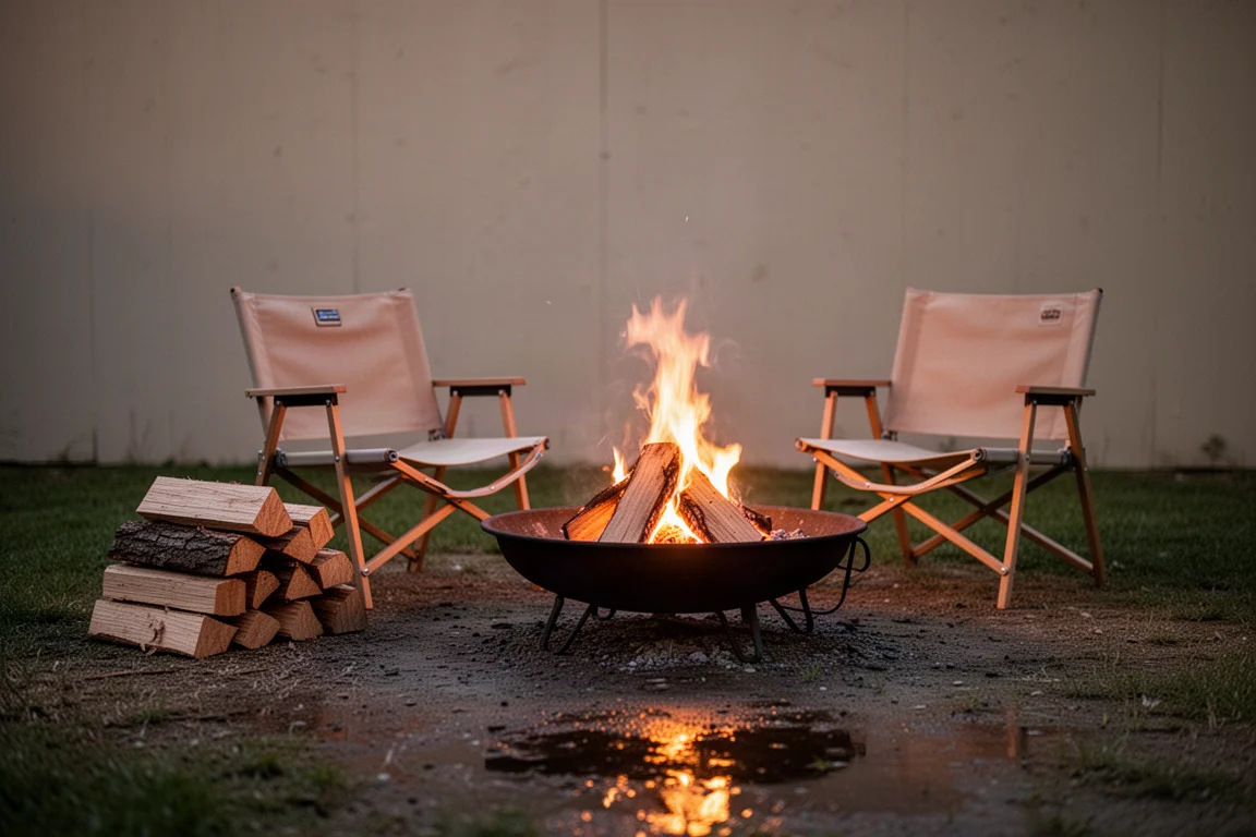 Bois fendu à côté d'un brasero de jardin incandescent au crépuscule