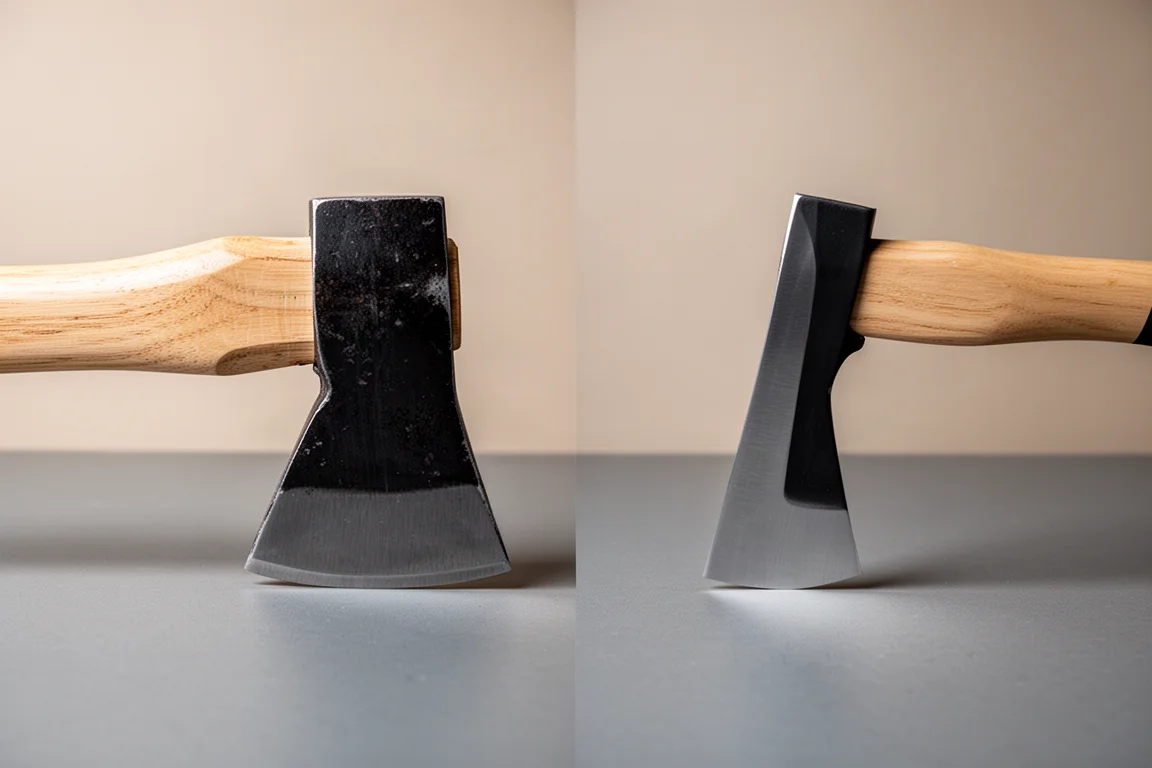 Gros plan du profil large d'une tête de masse à côté d'une lame de hachette étroite