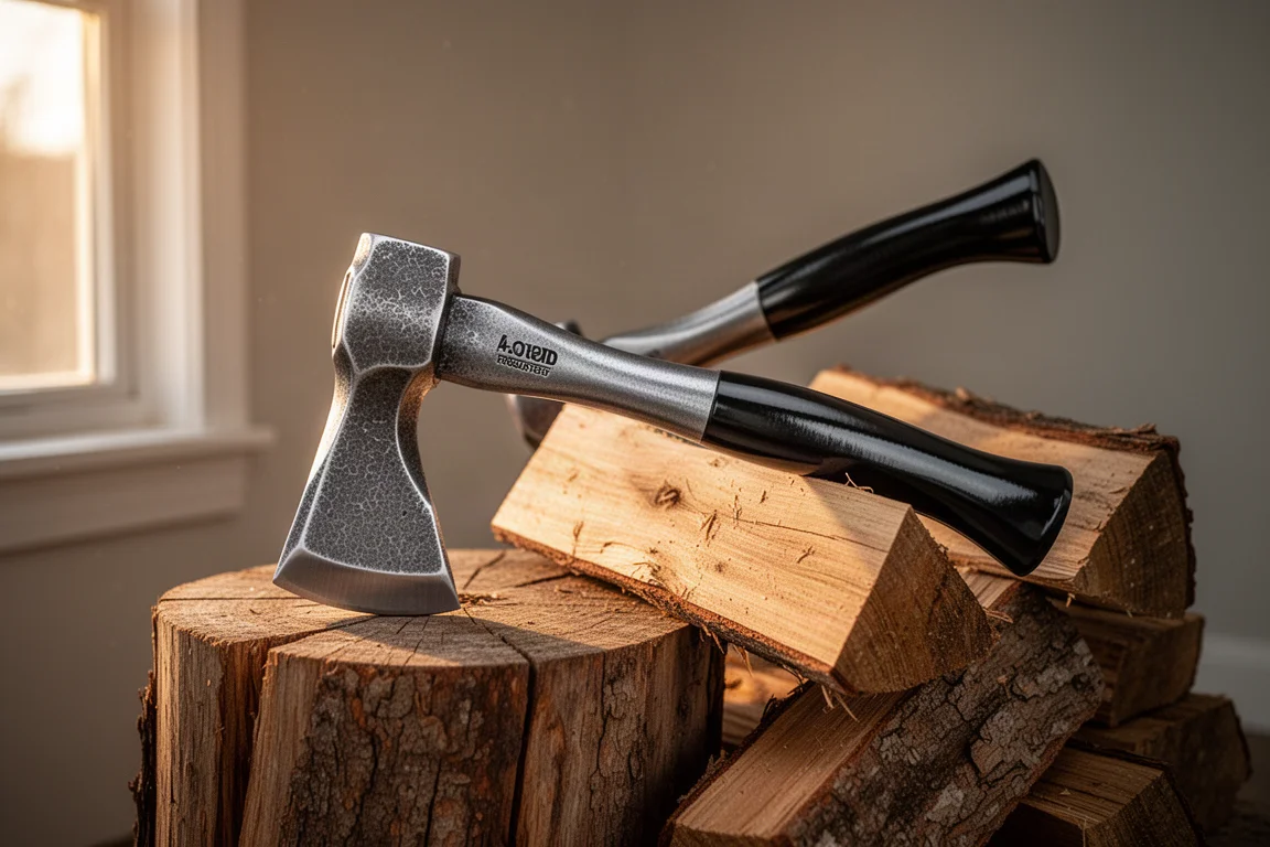 Estwing Fireside Friend short-handle splitting maul resting on a wood block beside split firewood